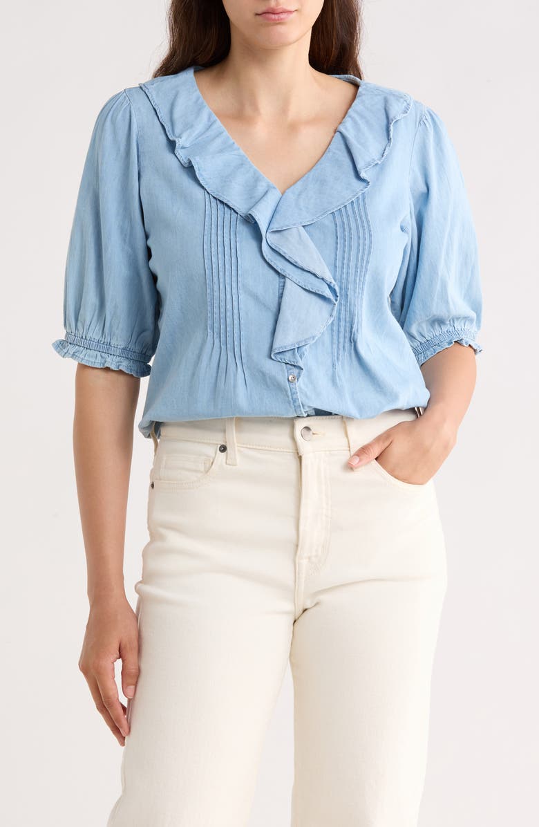 Trove New York Ruffle Puff Sleeve Denim Button-Up Top, Main, color, Light Wash
