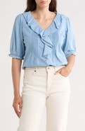 Trove New York Ruffle Puff Sleeve Denim Button-Up Top