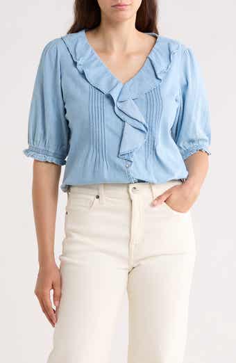 Ruffle Puff Sleeve Denim Button-Up Top