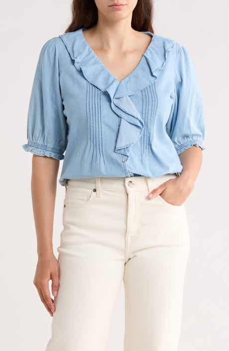 Trove New York Ruffle Puff Sleeve Denim Button-Up Top