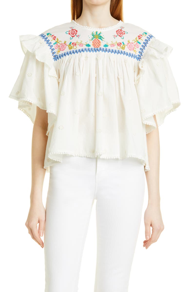 FARM Rio Cross Stitch Embroidered Ruffle Top, Main, color, 