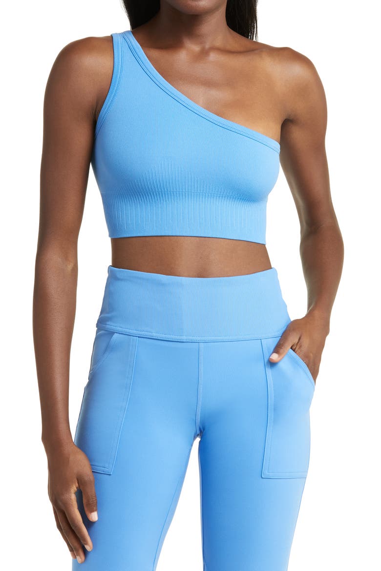 Allure One-Shoulder Rib Sports Bra, Main, color, BLUE REGATTA