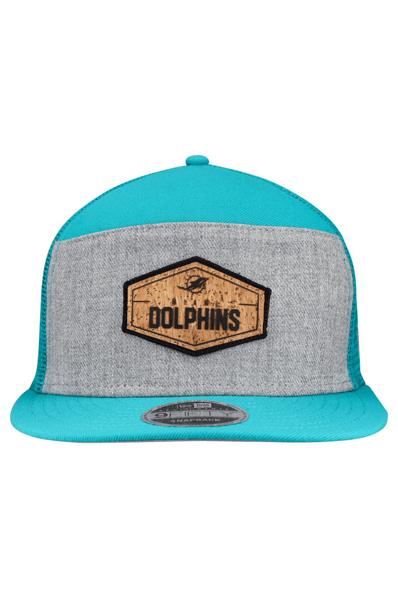 Men's New Era  Gray/Aqua Miami Dolphins Cork Split Panel 9FIFTY Trucker Snapback Hat, Alternate, color, Gray