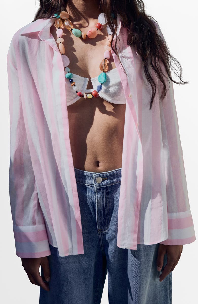 MANGO Stripe Button-Up Shirt, Main, color, Pastel Pink