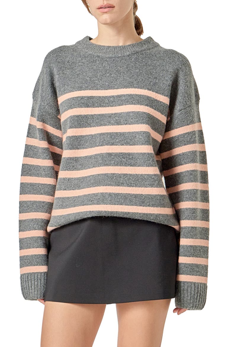 Stripe Crewneck Sweater, Alternate, color, HEATHER GREY/ SALMON