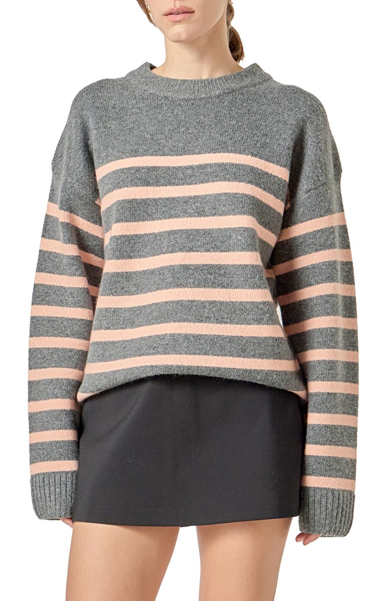 English Factory Stripe Crewneck Sweater, Alternate, color, Heather Grey/ Salmon