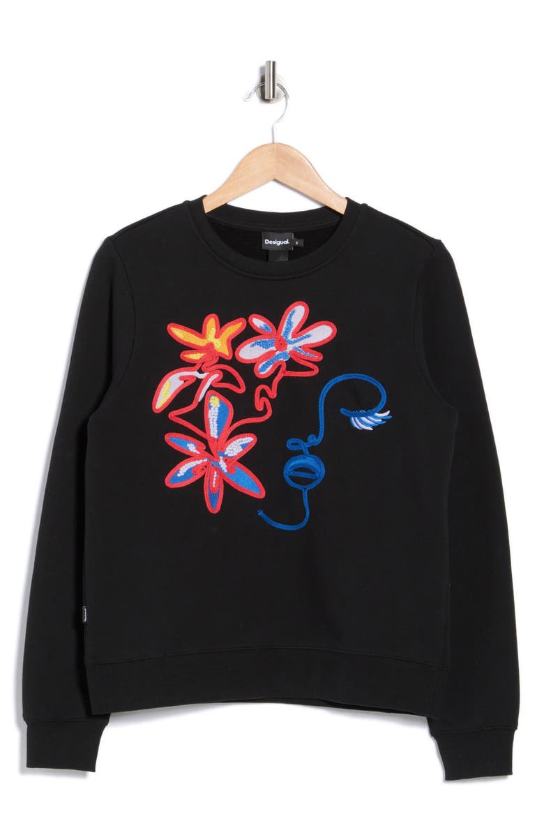 Desigual Floral Embroidered Cotton Sweatshirt, Main, color, Black