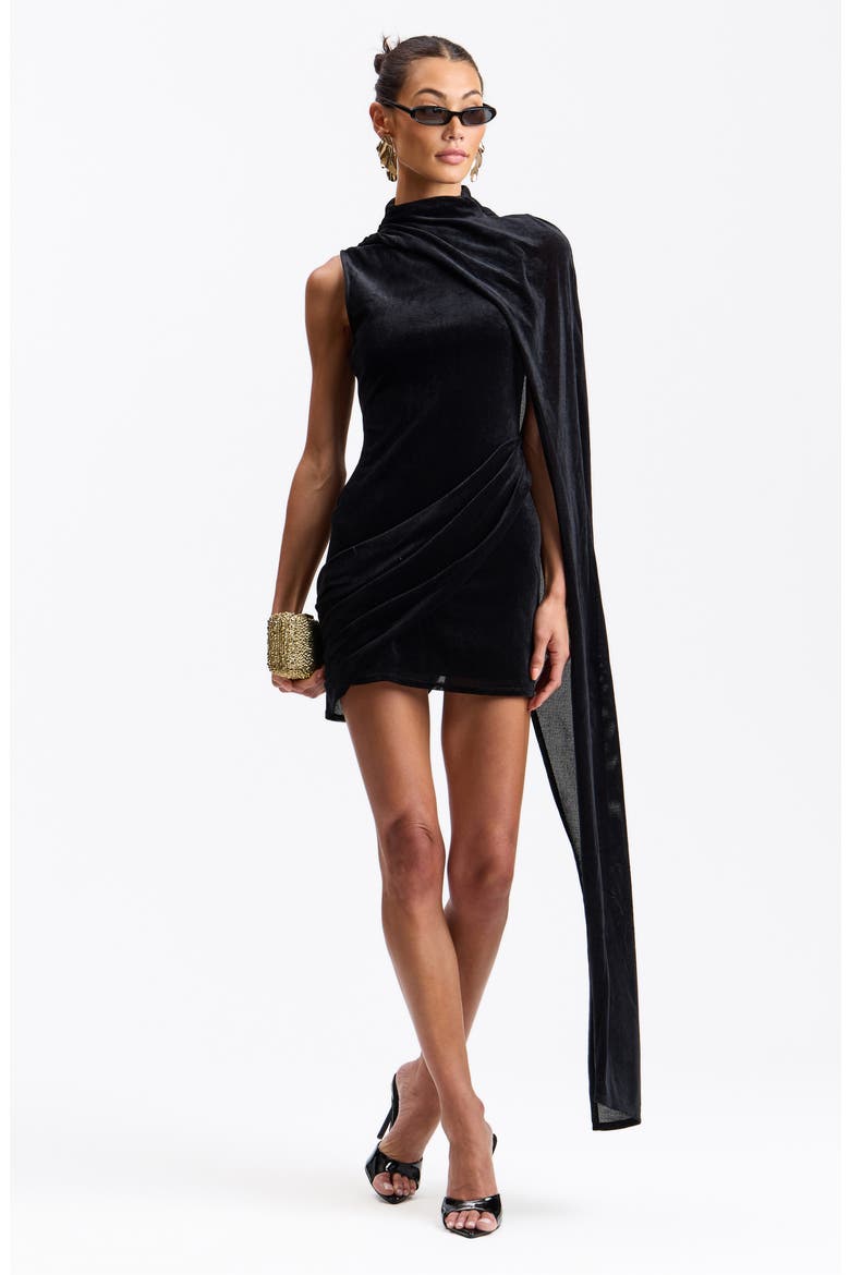Mock Neck Minidress with Asymmetric Cape, Alternate, color, BLACK
