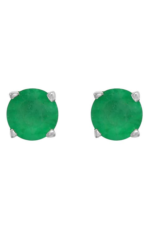 14K White Gold Natural Emerald Stud Earrings