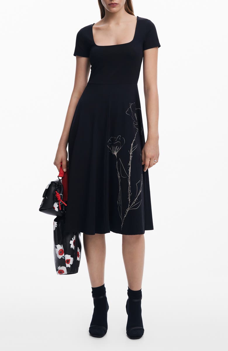 Desigual Floral Square Neck Cotton Graphic Midi Dress, Main, color, 