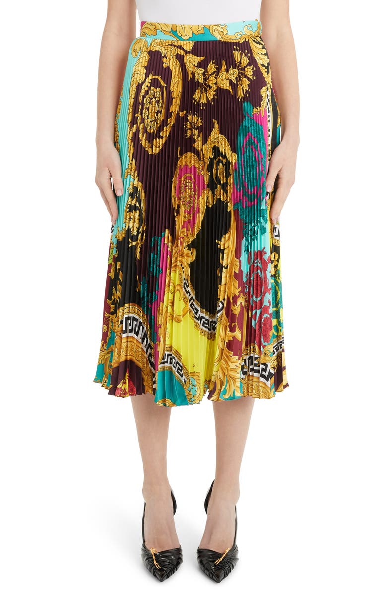 Versace Colorblock Mixed Print Pleated Midi Skirt, Main, color,