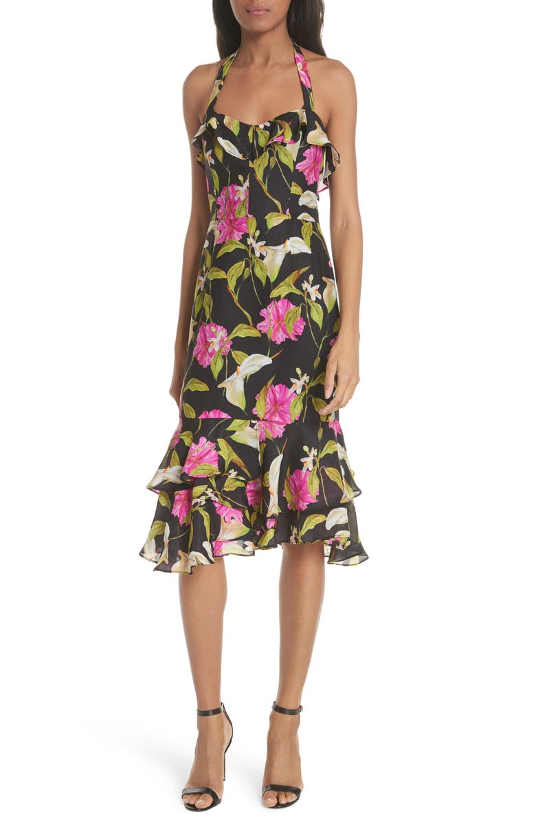 Milly Large Calla Lily Silk Halter Dress, Main, color, 