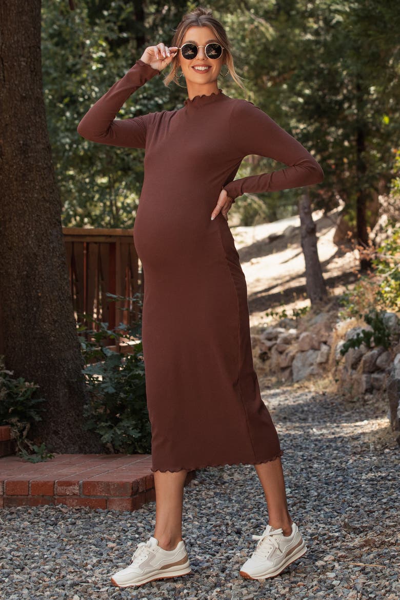 Ruffle Mock Neck Long Sleeve Midi Dress, Alternate, color, Brown