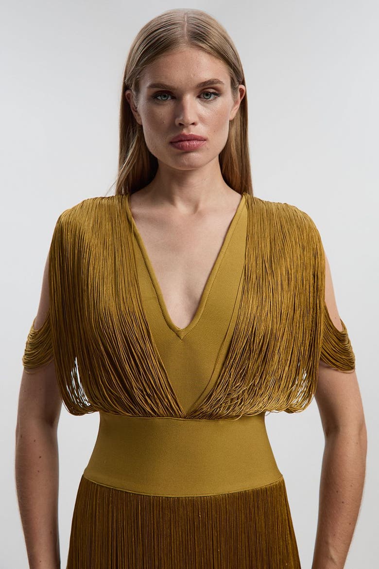 Bandage Knit Fringe Detail Dress, Alternate, color, Gold
