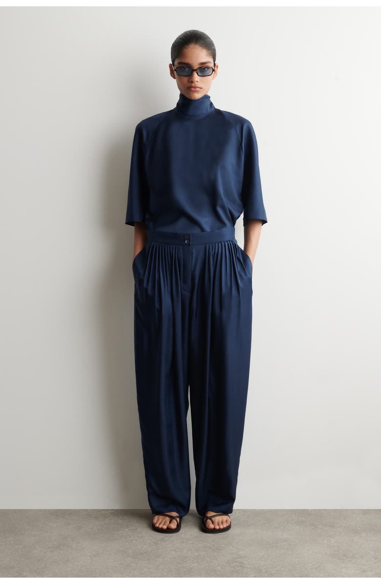 COS Draped Pleated Silk Straight-leg Trousers, Main, color, Navy