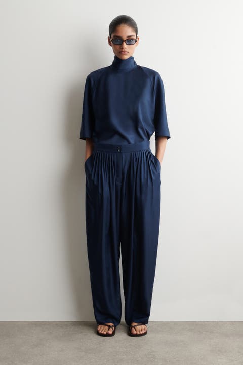 Draped Pleated Silk Straight-leg Trousers