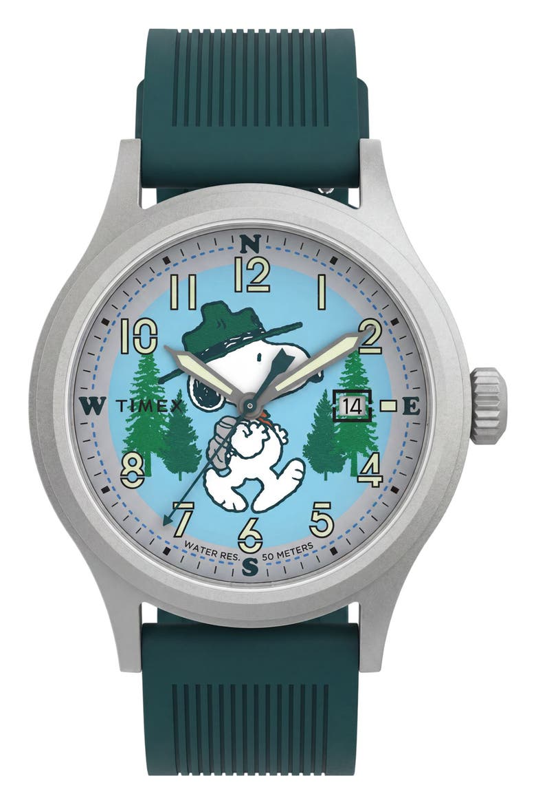 Peanuts Expedition Scout Silicone Strap Watch, Main, color, GREEN