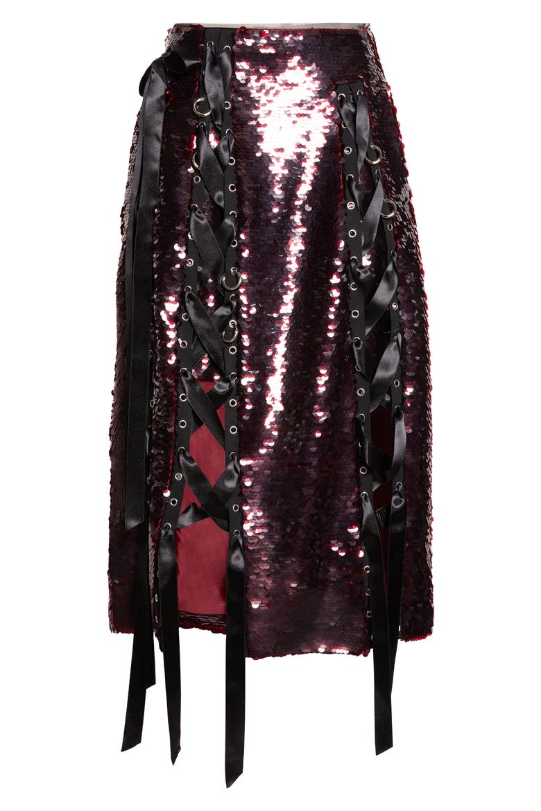 Unraveling Ribbon Ring Sequin Midi Skirt, Alternate, color, DEEP RED