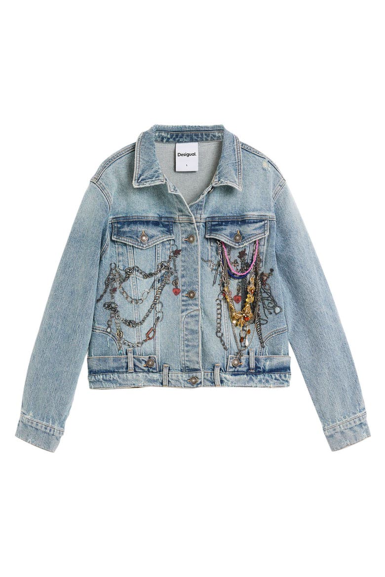 Embellished Denim Trucker Jacket, Alternate, color, MEDIUM BLUE