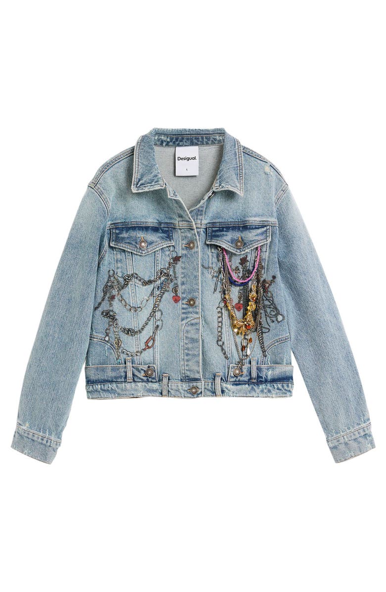 Desigual Embellished Denim Trucker Jacket, Alternate, color, Medium Blue
