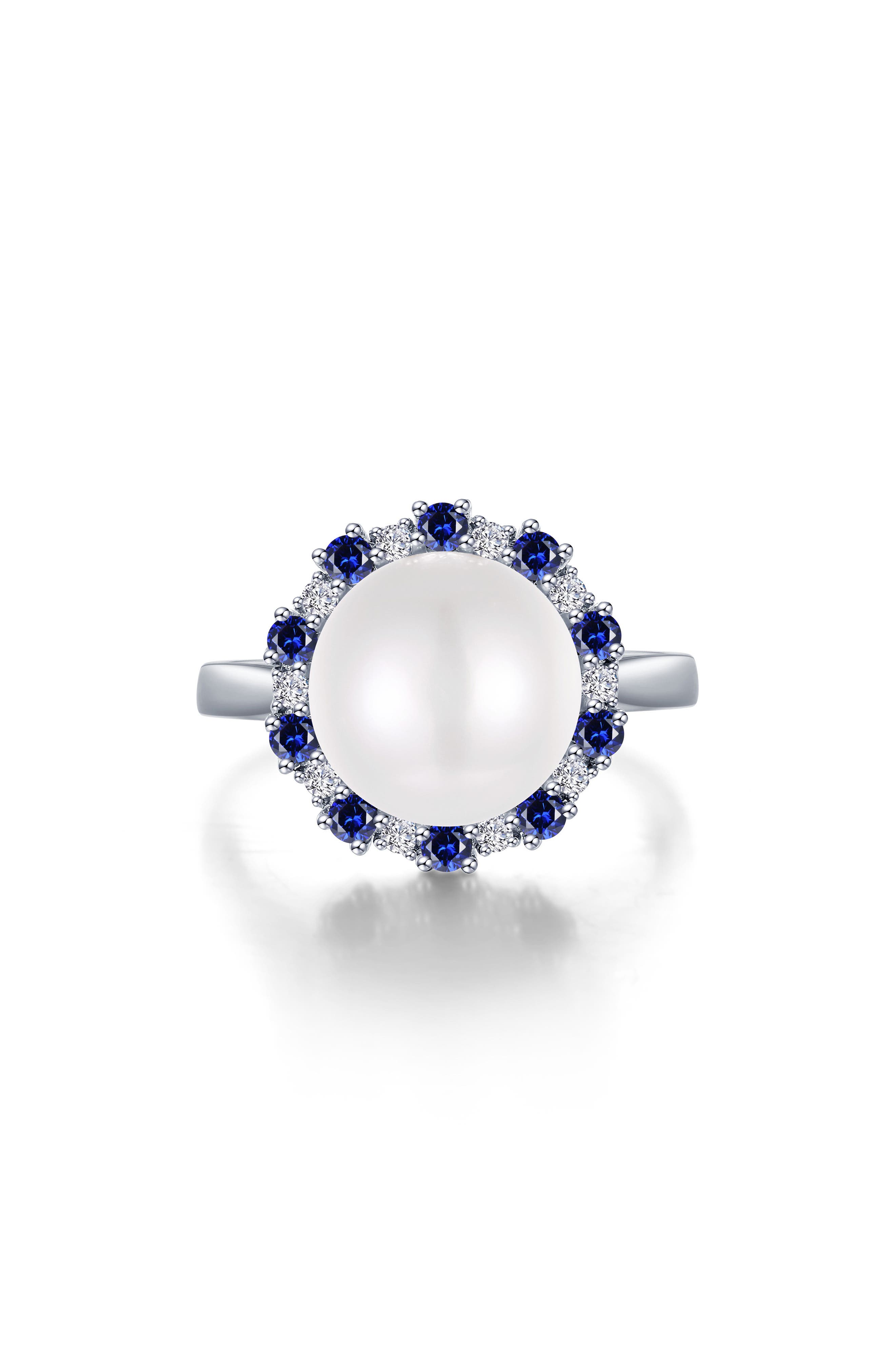 Simulated Pearl & Sapphire Halo Ring