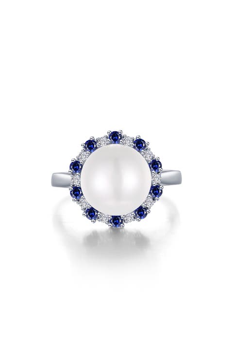 Simulated Pearl & Sapphire Halo Ring