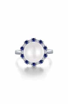 Simulated Pearl & Sapphire Halo Ring