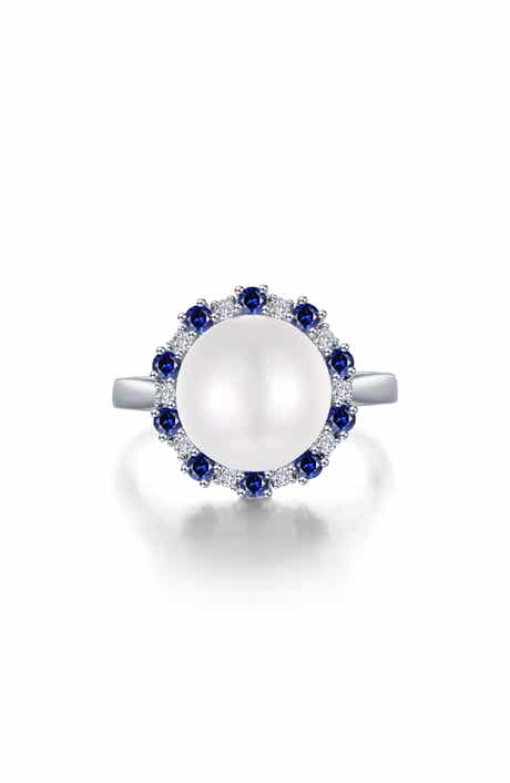 Simulated Pearl & Sapphire Halo Ring