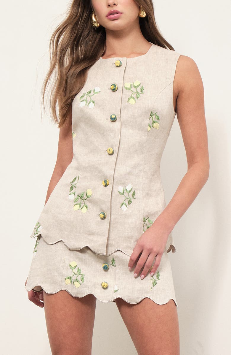 MAUDE CLUB Sophia Floral Embroidery Linen Miniskirt, Alternate, color, Beige Floral