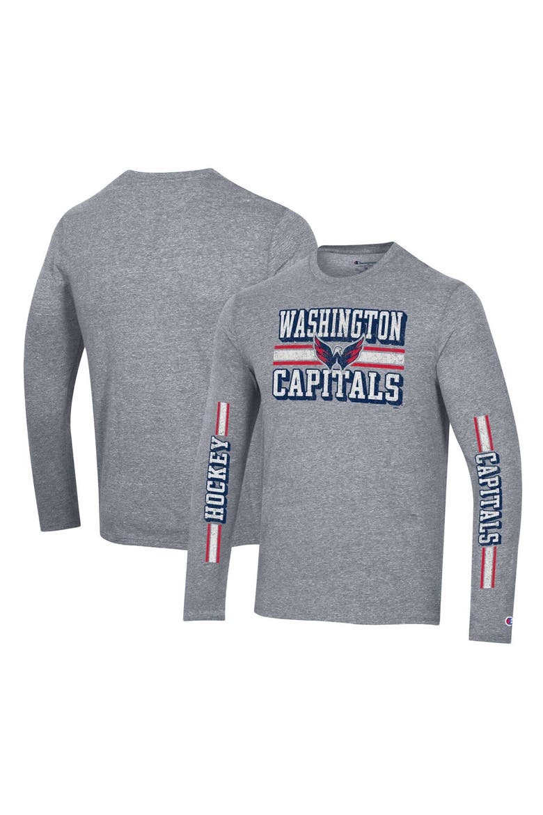 Men's Champion Heather Gray Washington Capitals Tri-Blend Dual-Stripe Long Sleeve T-Shirt, Main, color, Heather Gray