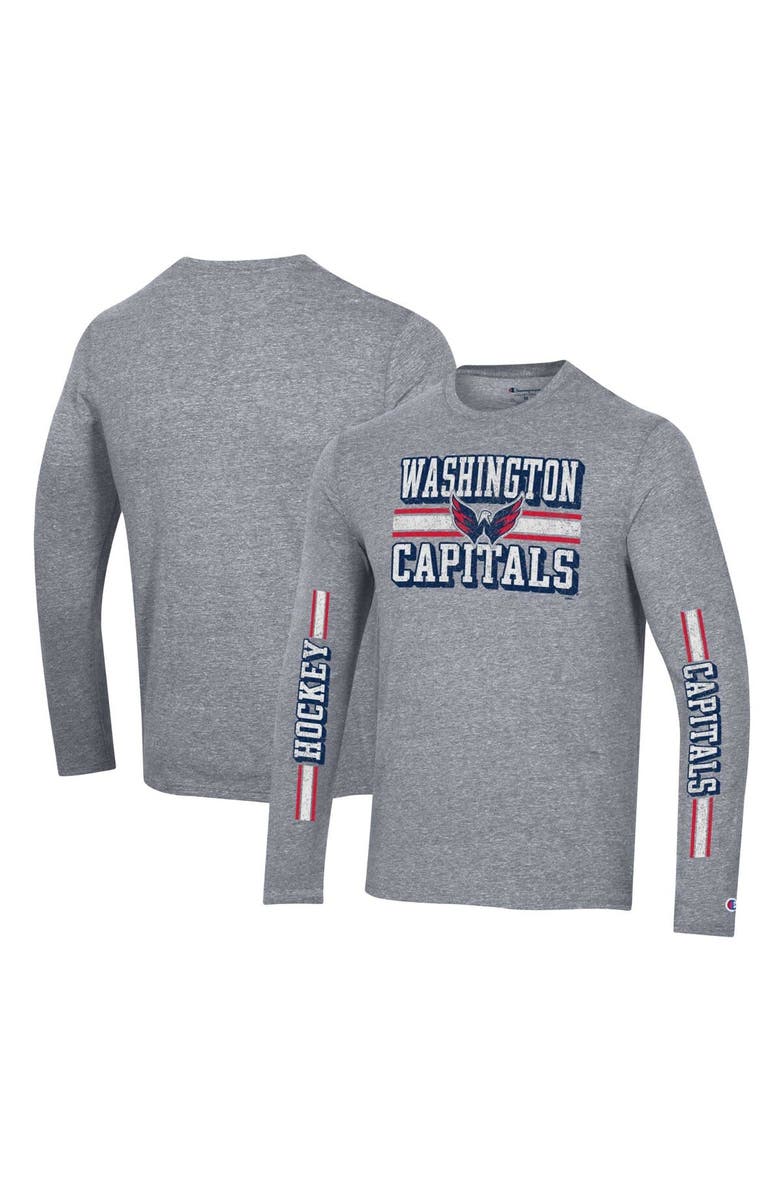 Champion Men's Champion Heather Gray Washington Capitals Tri-Blend Dual-Stripe Long Sleeve T-Shirt, Main, color, Heather Gray