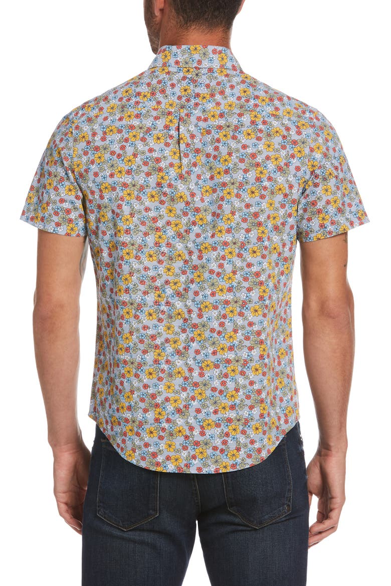 Floral Short Sleeve Button-Down Shirt, Alternate, color, FADED DENIM