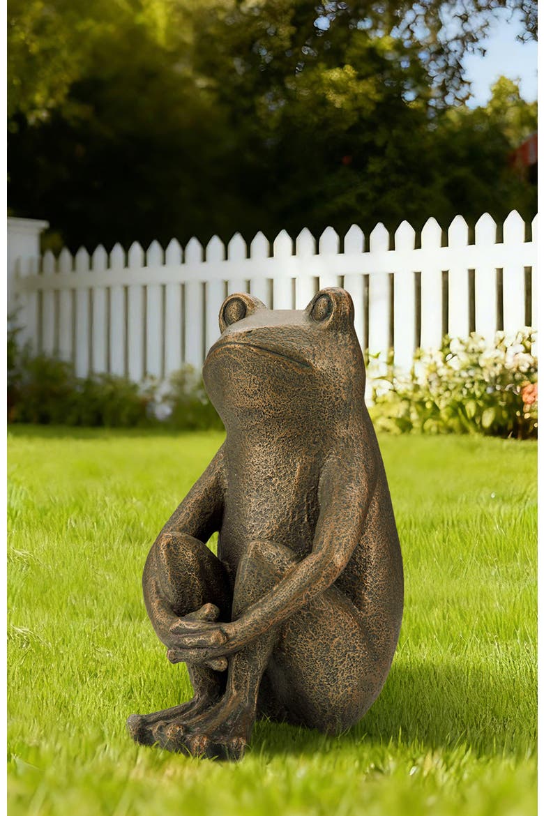12"H Resin Bronze Squatting Frog Statue, Alternate, color, Brown