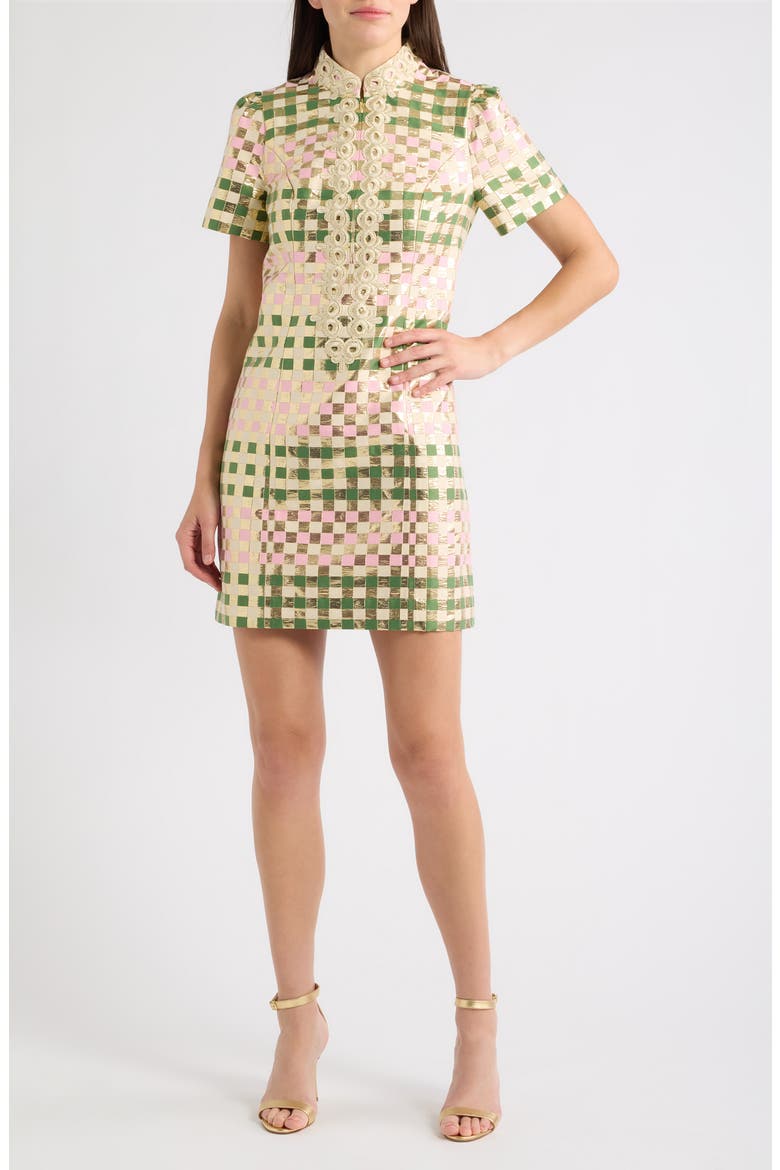 Carty Metallic Jacquard Shift Dress, Main, color, OREGANO GOLDEN GINGHAM