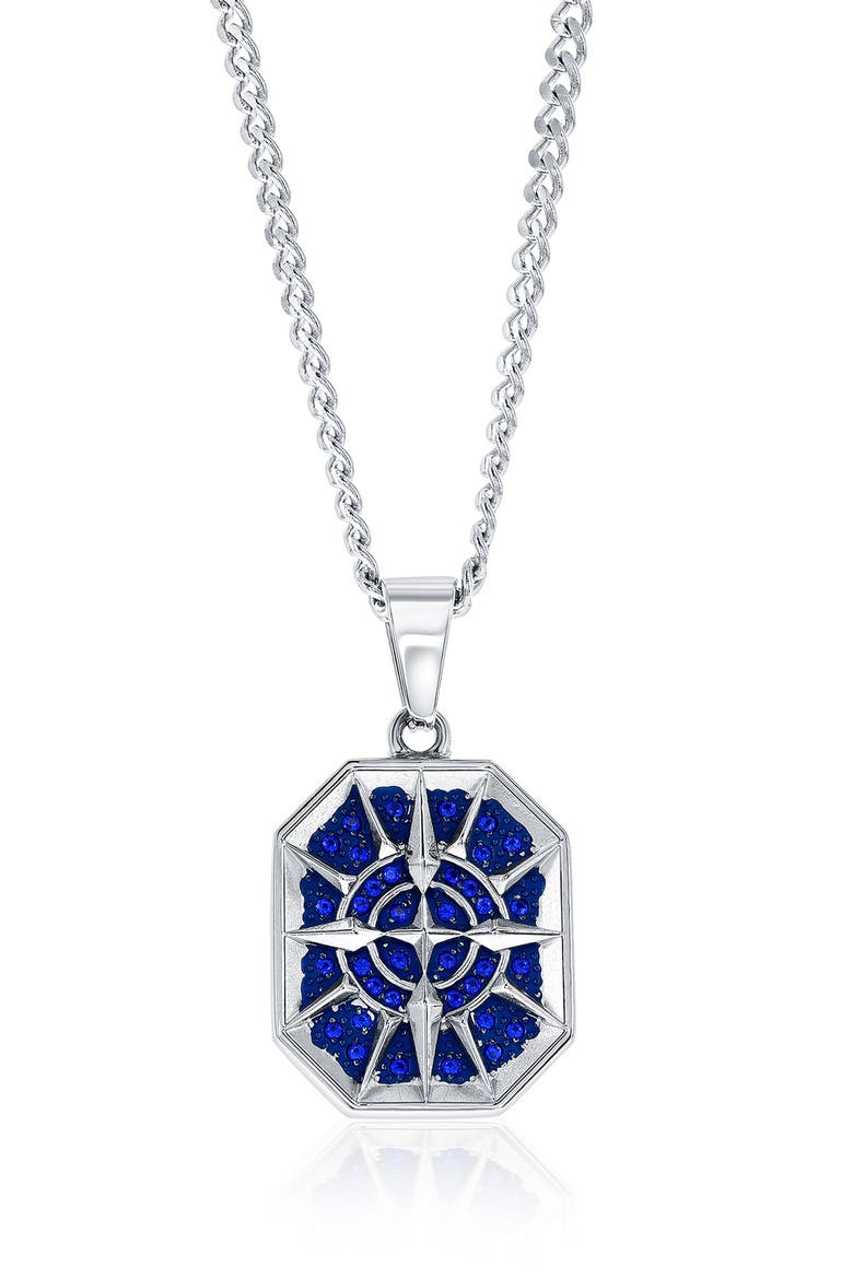 Men's Cubic Zirconia Compass Pendant Necklace, Main, color, SILVER / BLUE