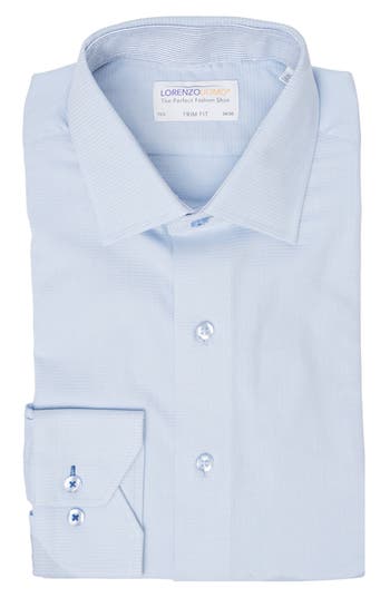 Lorenzo Uomo Solid Textured Trim Fit Dress Shirt In Blue
