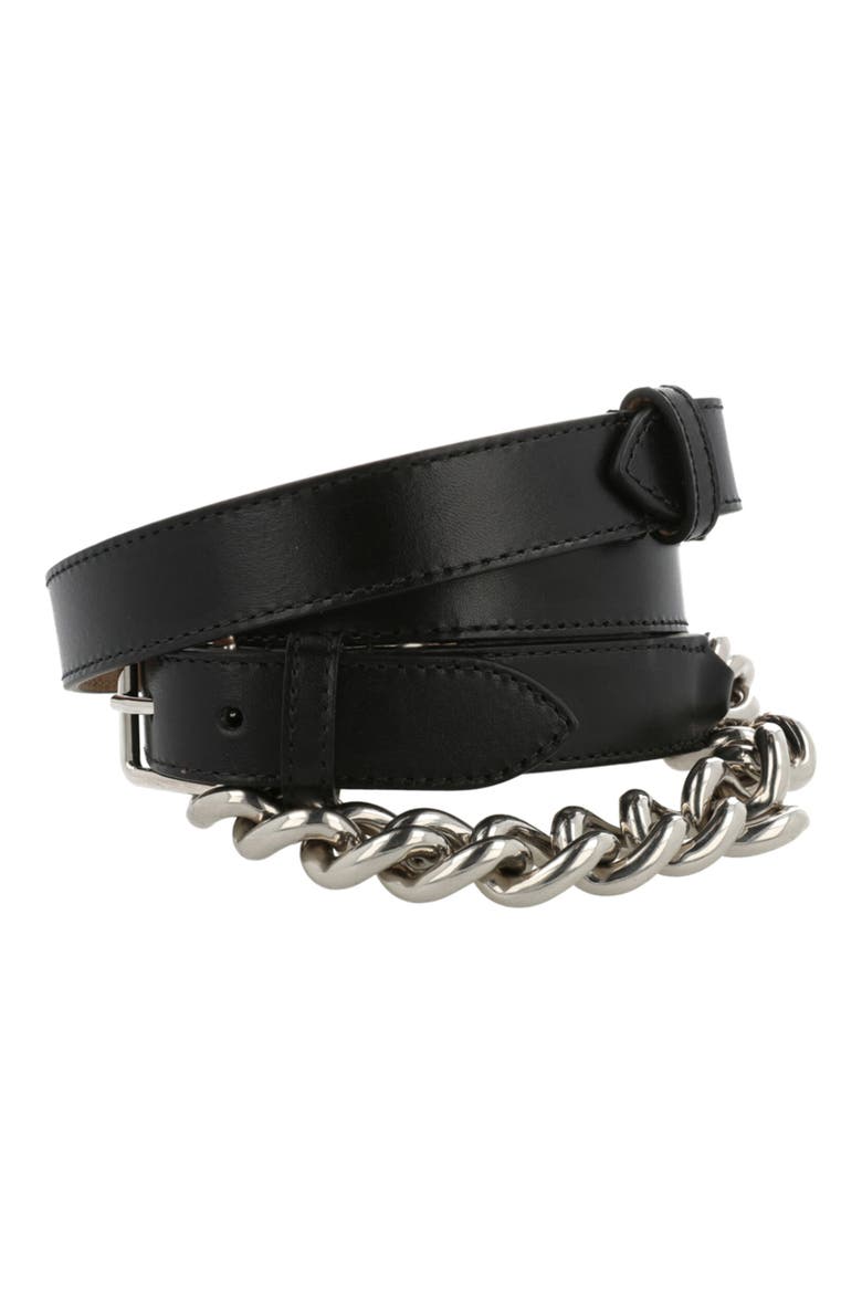 Chain Trim Leather Belt, Alternate, color, BLACK