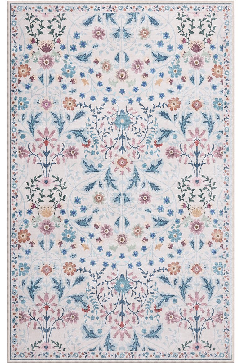Primrose Art Nouveau Floral Border Non-Slip Machine-Washable Area Rug, Alternate, color, Cream/Turquoise