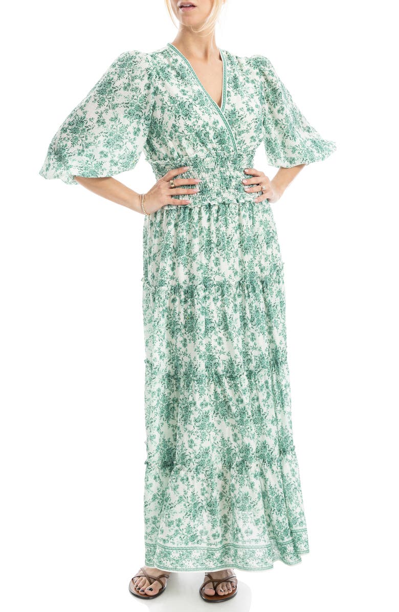 MAX STUDIO Surplice Neck Smocked Waist Maxi Dress, Alternate, color, Cream/ Green