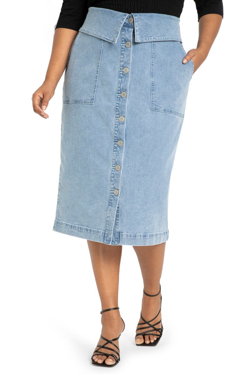 ELOQUII Folded Button Front Denim Skirt, Main, color,