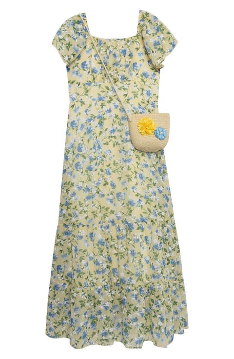Kids' Floral Puff Sleeve Maxi Dress & Purse Set (Big Kid)