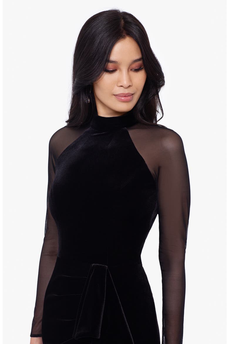 Long Sleeve Mixed Media Sheath Gown, Alternate, color, BLACK