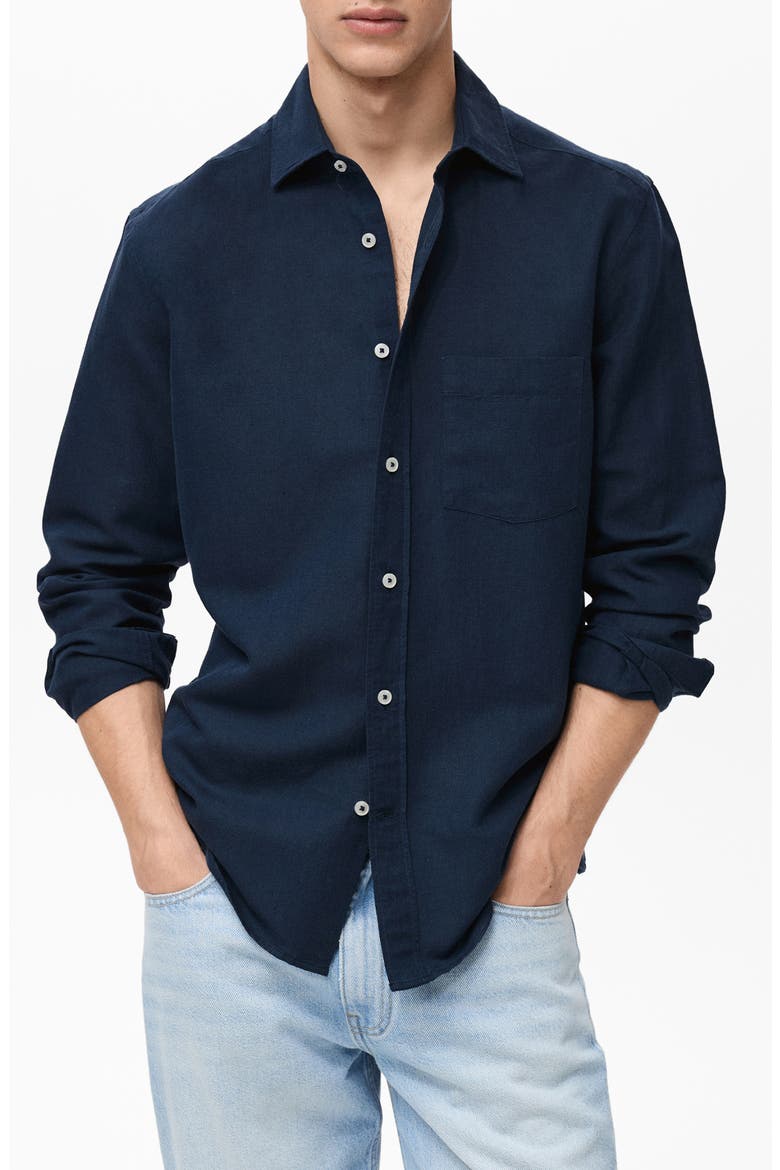 Classic Fit Linen & Cotton Button-Up Shirt, Main, color, DARK NAVY