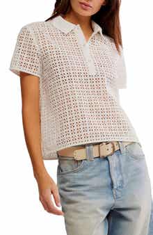 Free People Anna Cotton Eyelet Polo Shirt