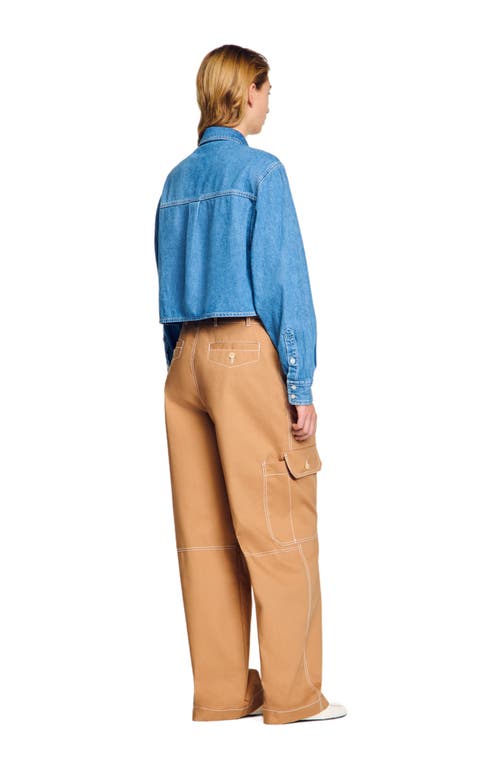 Sandro Denim Cropped Shirt In Blue Jean