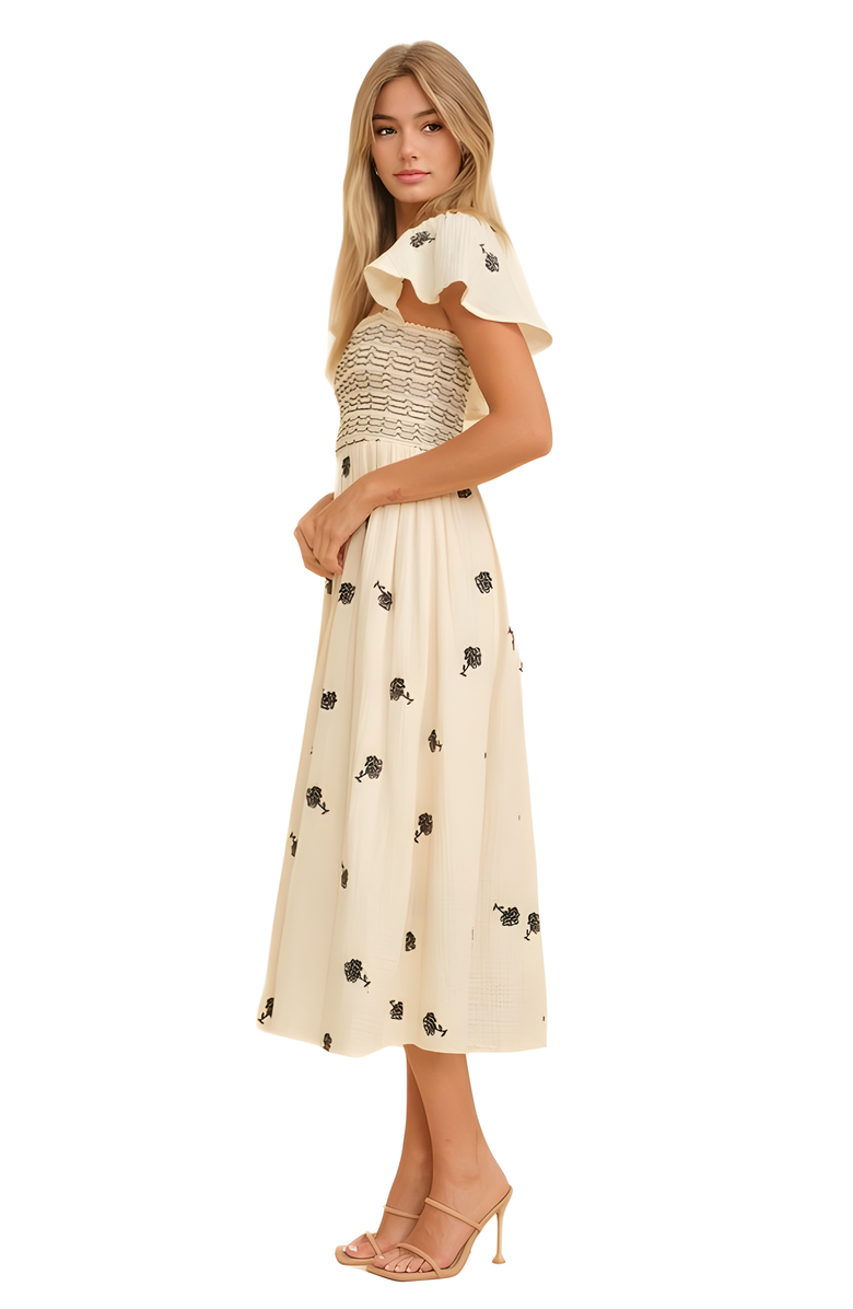 Knit and Lounge Smocked Bodice Midi Dress with Delicate Floral Accents, Alternate, color, 