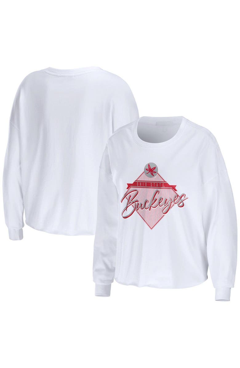 WEAR by Erin Andrews Women's WEAR by Erin Andrews White Ohio State Buckeyes Diamond Long Sleeve Cropped T-Shirt, Main, color, White