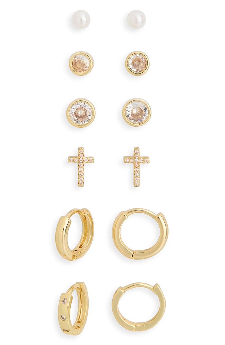 Leith Set of 6 Assorted Stud & Hoop Earrings, Alternate, color, Clear- Gold