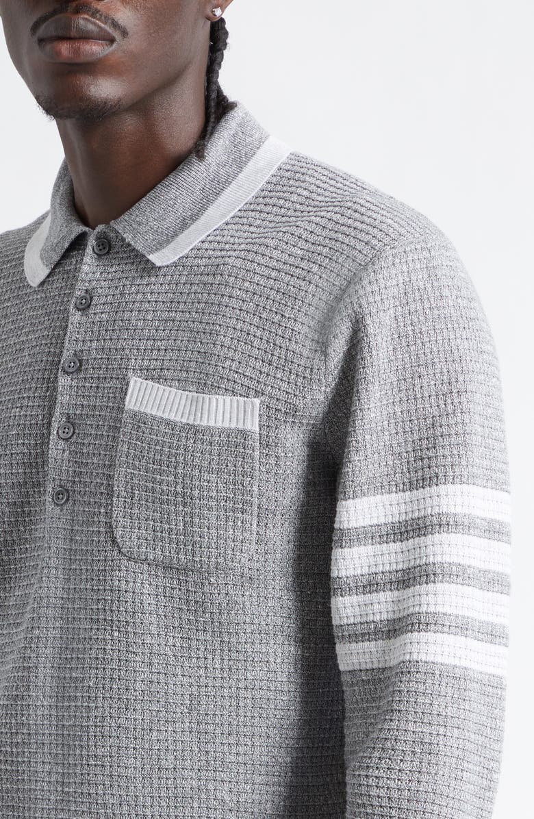 Thom Browne Relaxed 4-Bar Textured Stitch Linen & Cotton Polo Sweater, Alternate, color, Light Grey