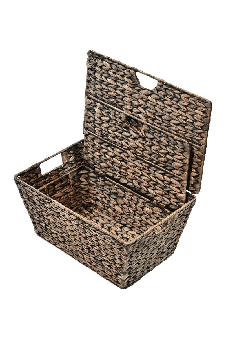 Wilder Classic Farmhouse Woven Hyacinth Rectangular Storage Baskets with Lids and Handles, Alternate, color, Brown